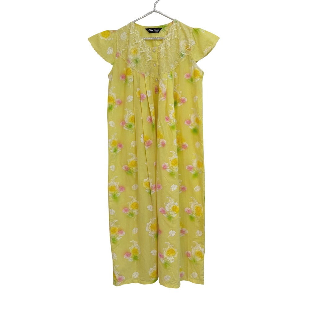 Vtg Skin Cover Designer Night Wear Yellow Floral Lace Nightgown Maxi Dress